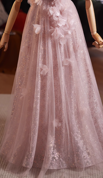 Sheen A-Line Off-Shoulder Pink Tulle Sweet 16th Gowns 3D Appliques Sequins Prom Dress AP4976