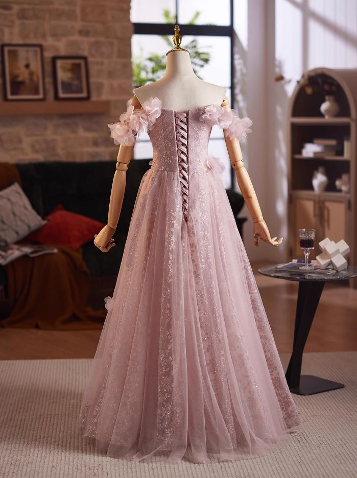 Sheen A-Line Off-Shoulder Pink Tulle Sweet 16th Gowns 3D Appliques Sequins Prom Dress AP4976