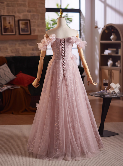 Sheen A-Line Off-Shoulder Pink Tulle Sweet 16th Gowns 3D Appliques Sequins Prom Dress AP4976