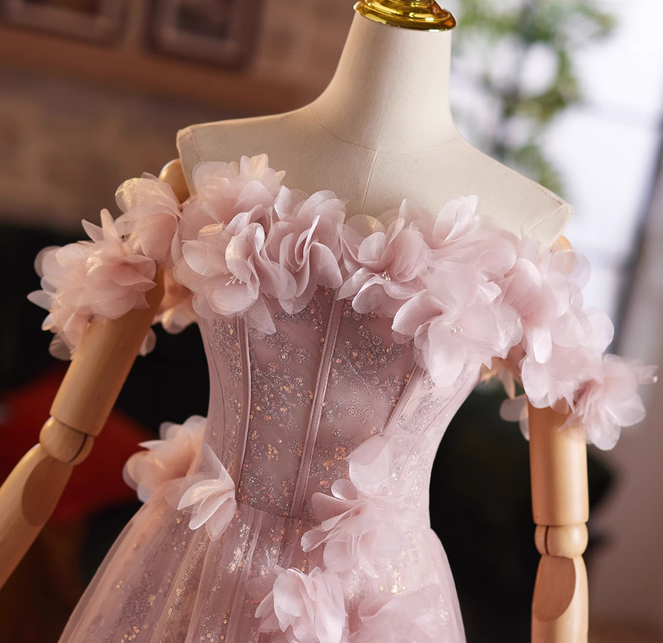 Sheen A-Line Off-Shoulder Pink Tulle Sweet 16th Gowns 3D Appliques Sequins Prom Dress AP4976
