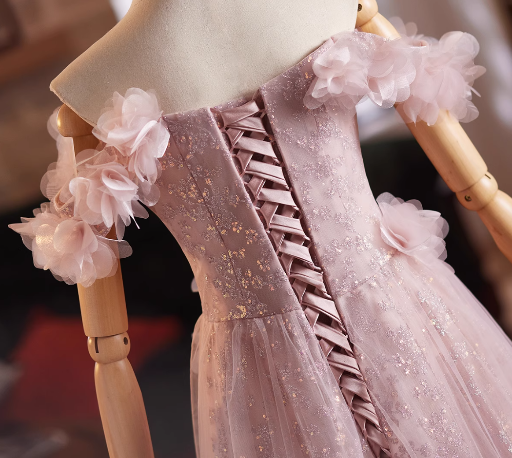 Sheen A-Line Off-Shoulder Pink Tulle Sweet 16th Gowns 3D Appliques Sequins Prom Dress AP4976