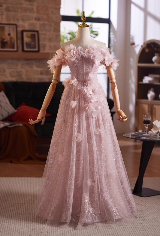 Sheen A-Line Off-Shoulder Pink Tulle Sweet 16th Gowns 3D Appliques Sequins Prom Dress AP4976