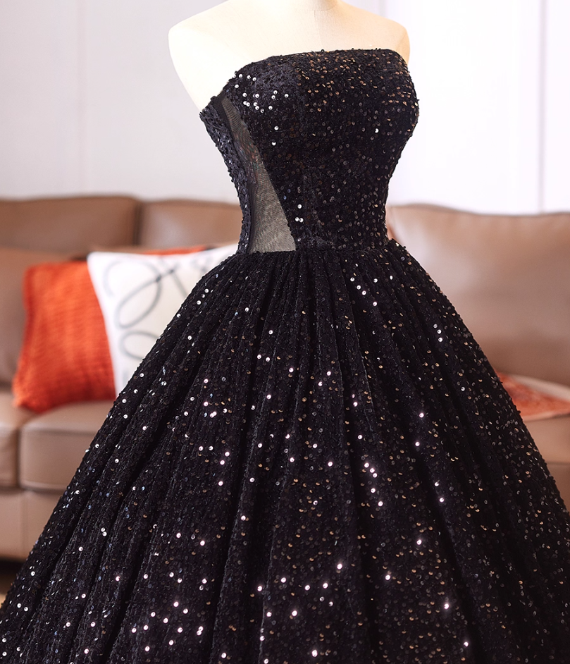 Gothic Style Strapless A-Line Sweet 16th Evening Dresses Black Sequins Splicing Mesh Prom Dress AP4977
