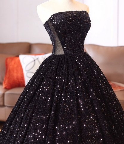 Gothic Style Strapless A-Line Sweet 16th Evening Dresses Black Sequins Splicing Mesh Prom Dress AP4977