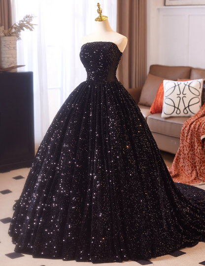 Gothic Style Strapless A-Line Sweet 16th Evening Dresses Black Sequins Splicing Mesh Prom Dress AP4977