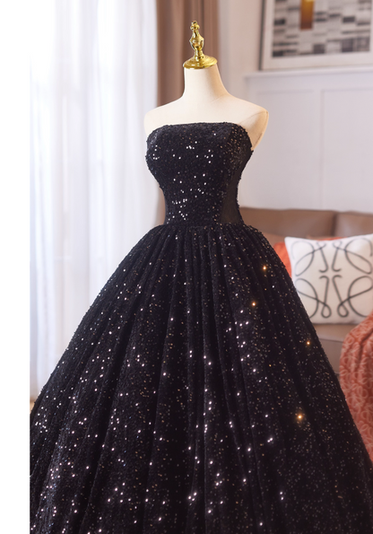 Gothic Style Strapless A-Line Sweet 16th Evening Dresses Black Sequins Splicing Mesh Prom Dress AP4977
