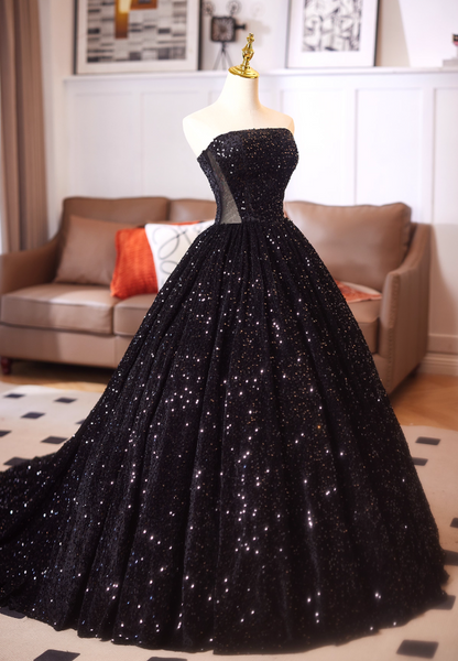 Gothic Style Strapless A-Line Sweet 16th Evening Dresses Black Sequins Splicing Mesh Prom Dress AP4977