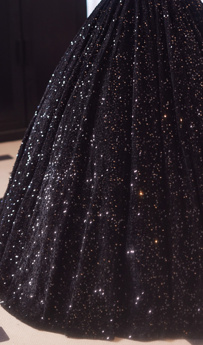 Gothic Style Strapless A-Line Sweet 16th Evening Dresses Black Sequins Splicing Mesh Prom Dress AP4977