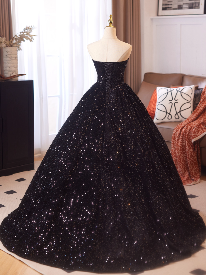 Gothic Style Strapless A-Line Sweet 16th Evening Dresses Black Sequins Splicing Mesh Prom Dress AP4977