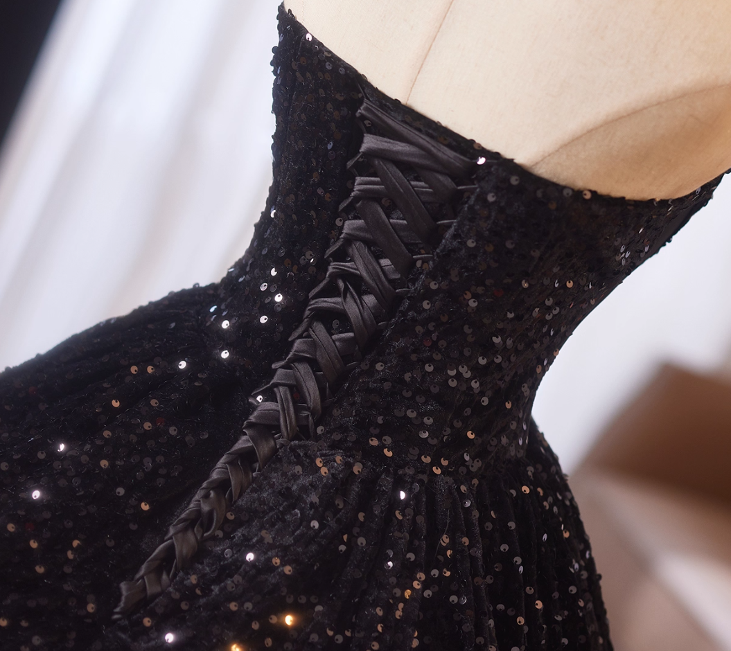 Gothic Style Strapless A-Line Sweet 16th Evening Dresses Black Sequins Splicing Mesh Prom Dress AP4977