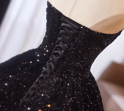 Gothic Style Strapless A-Line Sweet 16th Evening Dresses Black Sequins Splicing Mesh Prom Dress AP4977