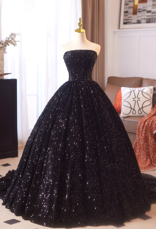 Gothic Style Strapless A-Line Sweet 16th Evening Dresses Black Sequins Splicing Mesh Prom Dress AP4977