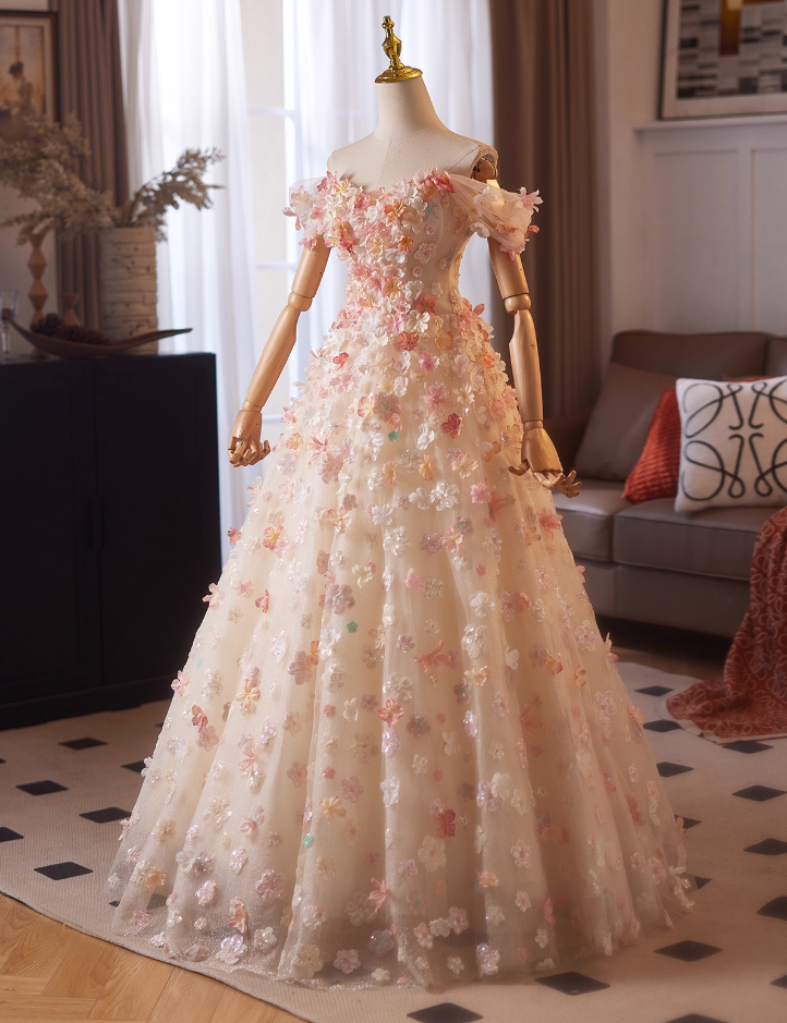 Flowy A-Line Off-Shoulder Sweet 16th Dresses Sequins Appliques Tulle Prom Dress AP4978