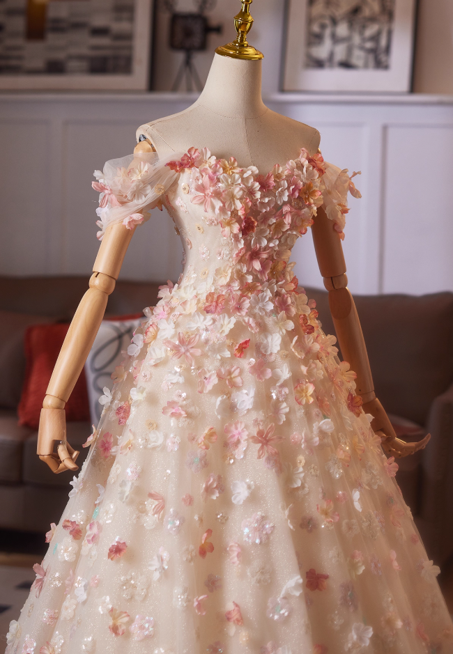 Flowy A-Line Off-Shoulder Sweet 16th Dresses Sequins Appliques Tulle Prom Dress AP4978