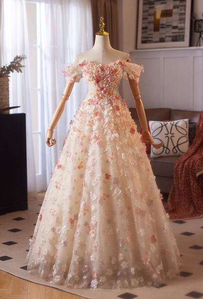 Flowy A-Line Off-Shoulder Sweet 16th Dresses Sequins Appliques Tulle Prom Dress AP4978