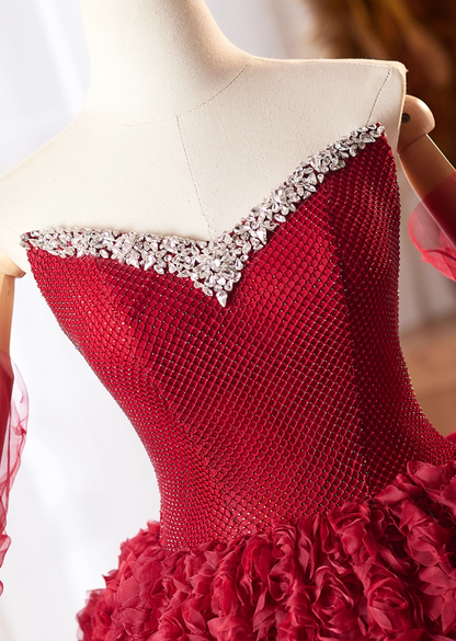 Simple Strapless A-Line Red Sweet 16th Evening Dresses 3D Floral Sequins Beading Prom Dress AP4979