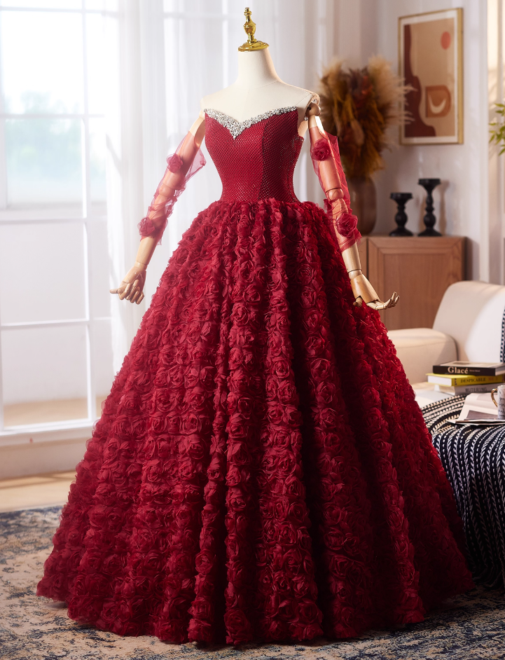 Simple Strapless A-Line Red Sweet 16th Evening Dresses 3D Floral Sequins Beading Prom Dress AP4979