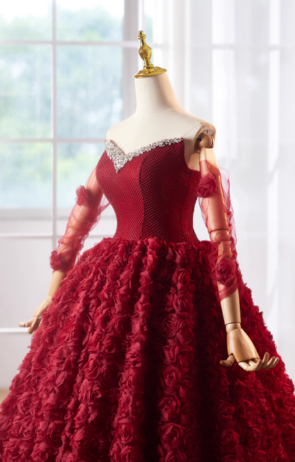 Simple Strapless A-Line Red Sweet 16th Evening Dresses 3D Floral Sequins Beading Prom Dress AP4979
