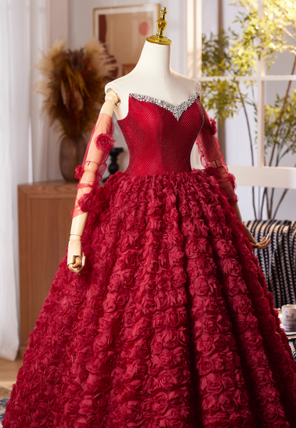 Simple Strapless A-Line Red Sweet 16th Evening Dresses 3D Floral Sequins Beading Prom Dress AP4979