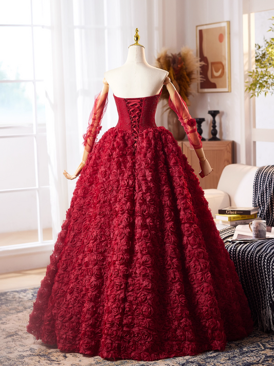Simple Strapless A-Line Red Sweet 16th Evening Dresses 3D Floral Sequins Beading Prom Dress AP4979