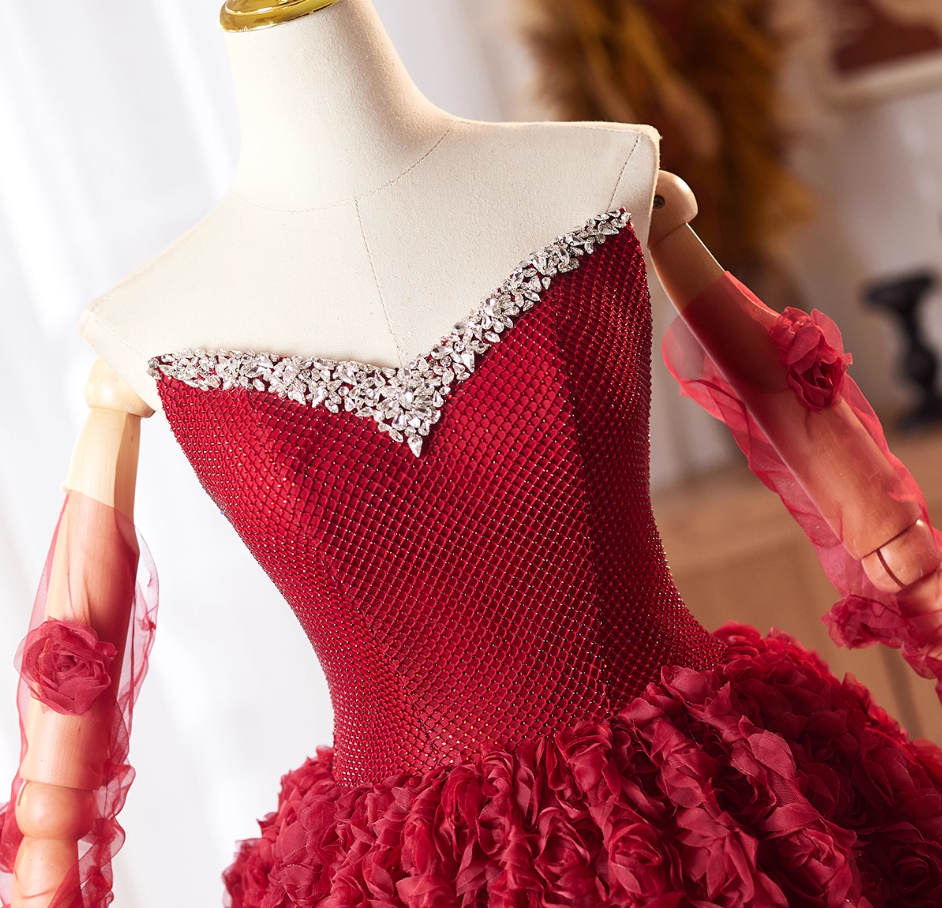 Simple Strapless A-Line Red Sweet 16th Evening Dresses 3D Floral Sequins Beading Prom Dress AP4979