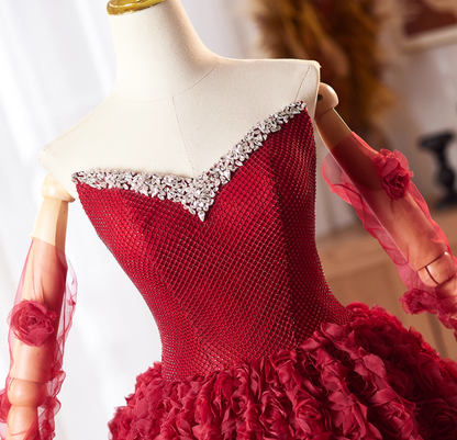 Simple Strapless A-Line Red Sweet 16th Evening Dresses 3D Floral Sequins Beading Prom Dress AP4979