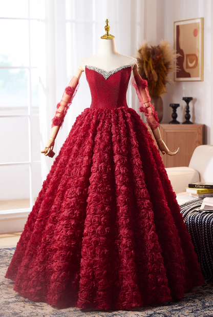 Simple Strapless A-Line Red Sweet 16th Evening Dresses 3D Floral Sequins Beading Prom Dress AP4979