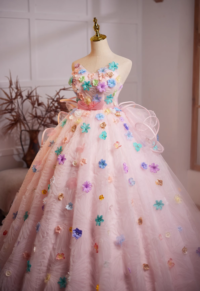 Dopamine Style V Neck A-Line Sweet 16th Evening Dresses Appliques Beading Ruffles Tulle Prom Dress AP4980