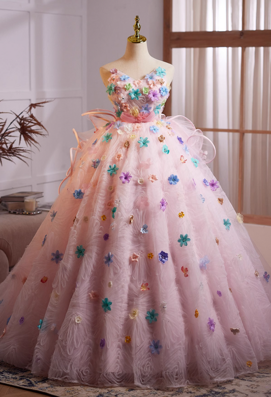 Dopamine Style V Neck A-Line Sweet 16th Evening Dresses Appliques Beading Ruffles Tulle Prom Dress AP4980