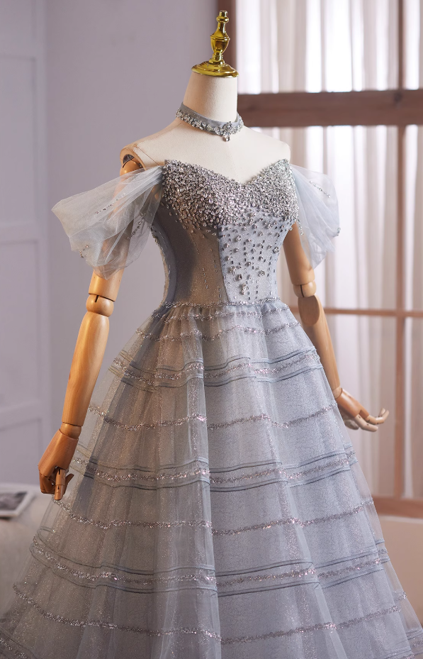 Sparkly A-Line Off-Shoulder Tulle Sweet 16th Dresses Beading Sequins Prom Dress AP4981