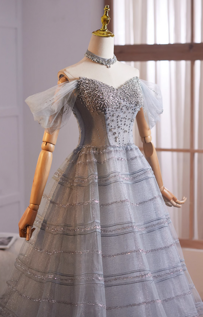 Sparkly A-Line Off-Shoulder Tulle Sweet 16th Dresses Beading Sequins Prom Dress AP4981