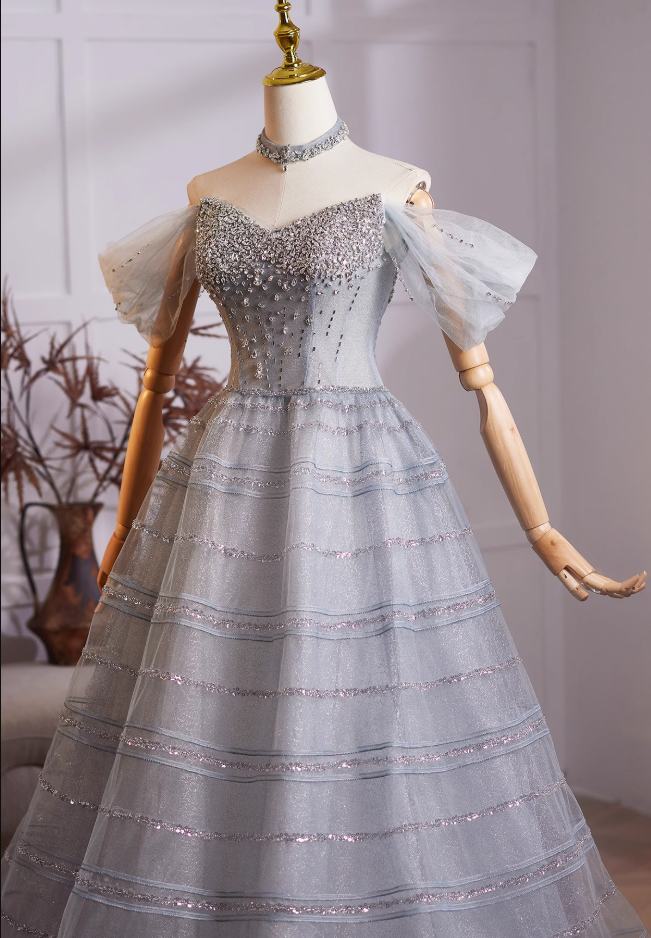 Sparkly A-Line Off-Shoulder Tulle Sweet 16th Dresses Beading Sequins Prom Dress AP4981