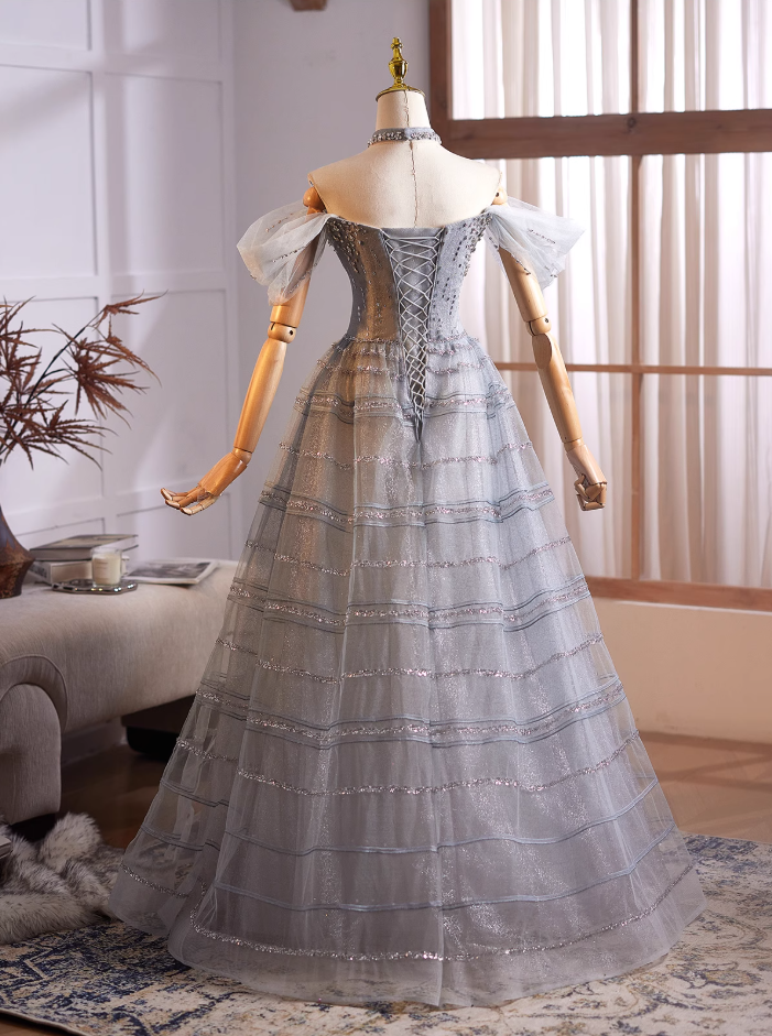 Sparkly A-Line Off-Shoulder Tulle Sweet 16th Dresses Beading Sequins Prom Dress AP4981