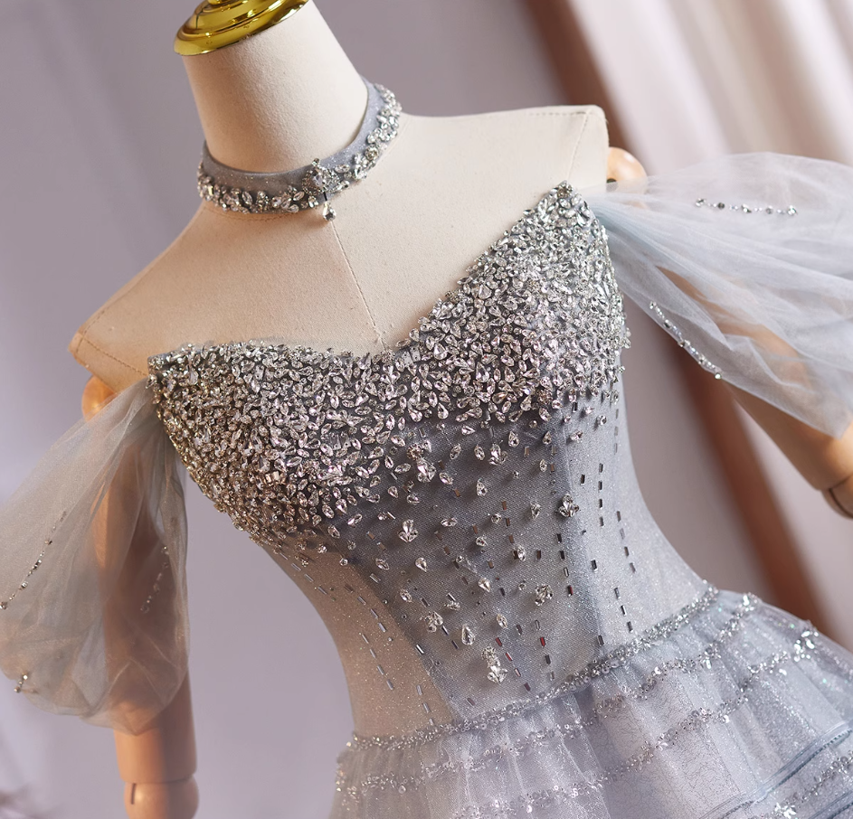 Sparkly A-Line Off-Shoulder Tulle Sweet 16th Dresses Beading Sequins Prom Dress AP4981