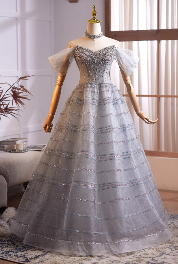 Sparkly A-Line Off-Shoulder Tulle Sweet 16th Dresses Beading Sequins Prom Dress AP4981
