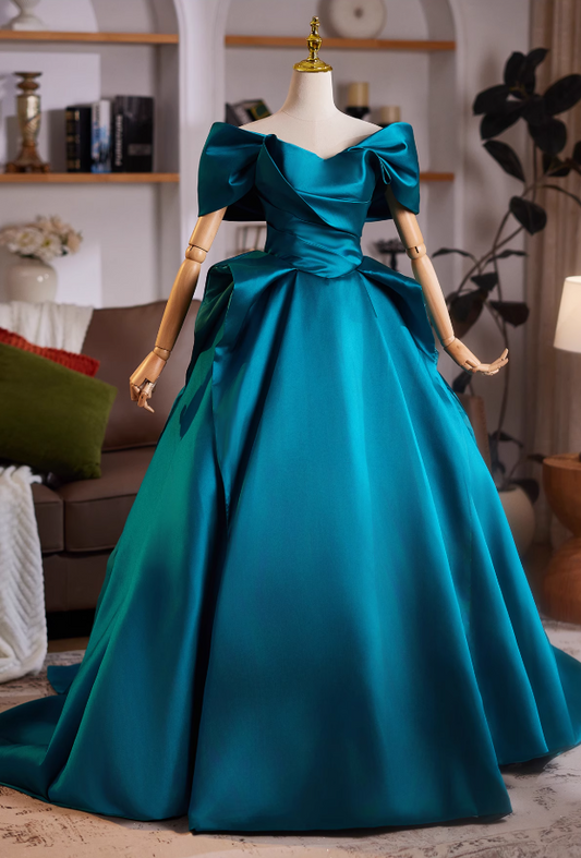 Simple Off-Shoulder Lace-Up A-Line Sweet 16th Dresses Satin Pleated Prom Dress AP4982