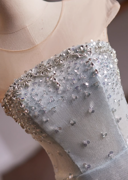 Bling A-Line Short Sleeve Illusion Neck Formal Gowns Sequins Crystals Tulle Prom Dress AP4983