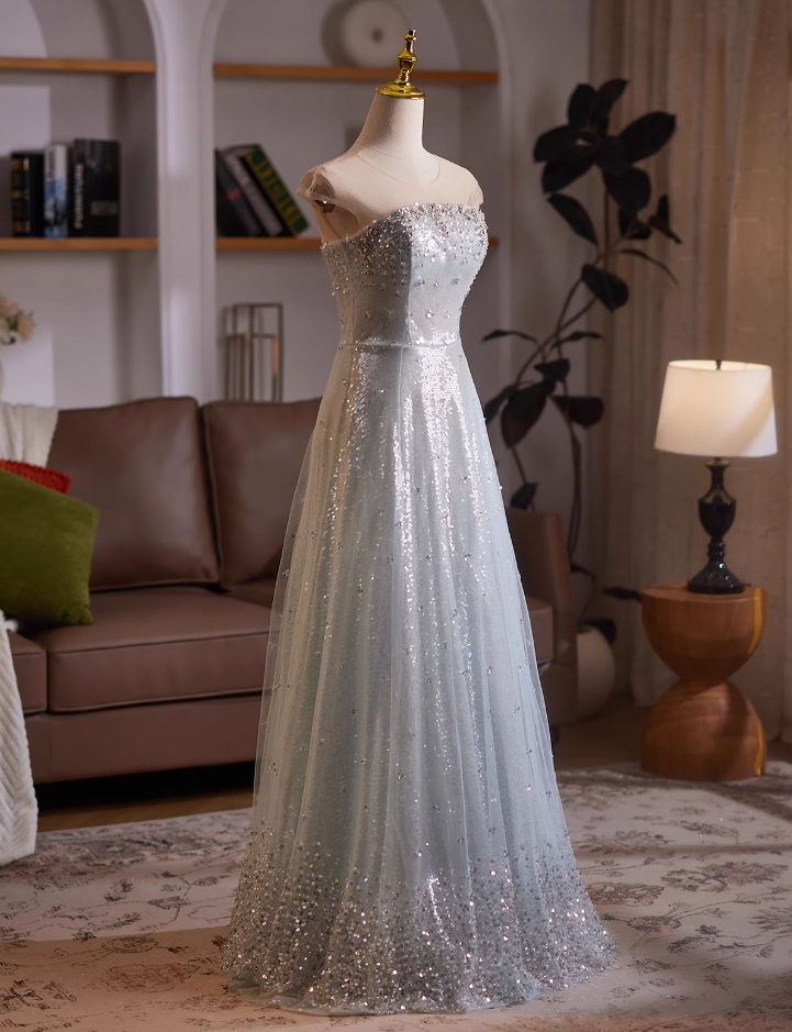 Bling A-Line Short Sleeve Illusion Neck Formal Gowns Sequins Crystals Tulle Prom Dress AP4983