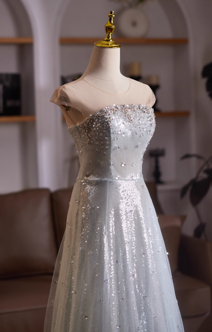 Bling A-Line Short Sleeve Illusion Neck Formal Gowns Sequins Crystals Tulle Prom Dress AP4983