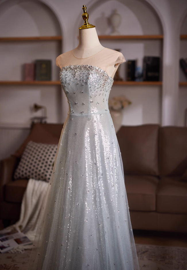 Bling A-Line Short Sleeve Illusion Neck Formal Gowns Sequins Crystals Tulle Prom Dress AP4983