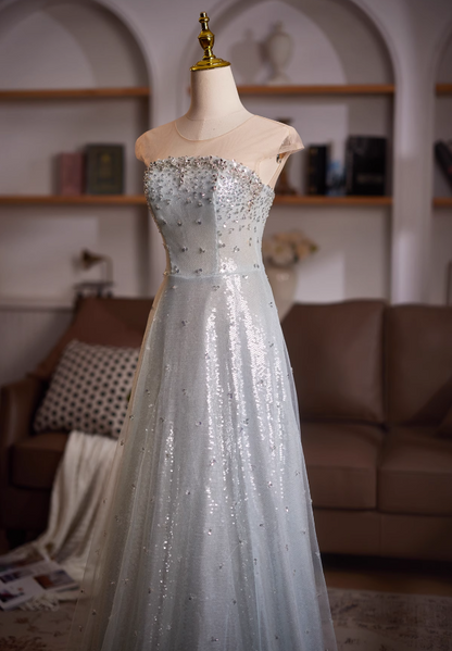 Bling A-Line Short Sleeve Illusion Neck Formal Gowns Sequins Crystals Tulle Prom Dress AP4983