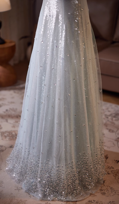 Bling A-Line Short Sleeve Illusion Neck Formal Gowns Sequins Crystals Tulle Prom Dress AP4983