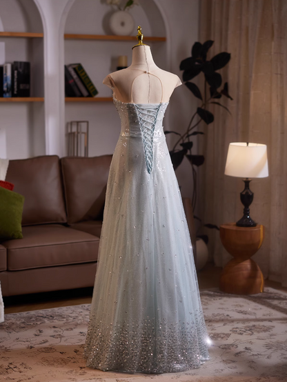 Bling A-Line Short Sleeve Illusion Neck Formal Gowns Sequins Crystals Tulle Prom Dress AP4983