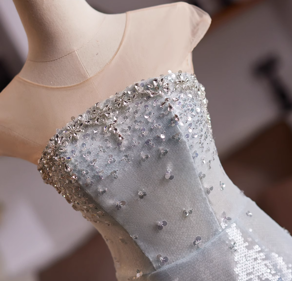 Bling A-Line Short Sleeve Illusion Neck Formal Gowns Sequins Crystals Tulle Prom Dress AP4983