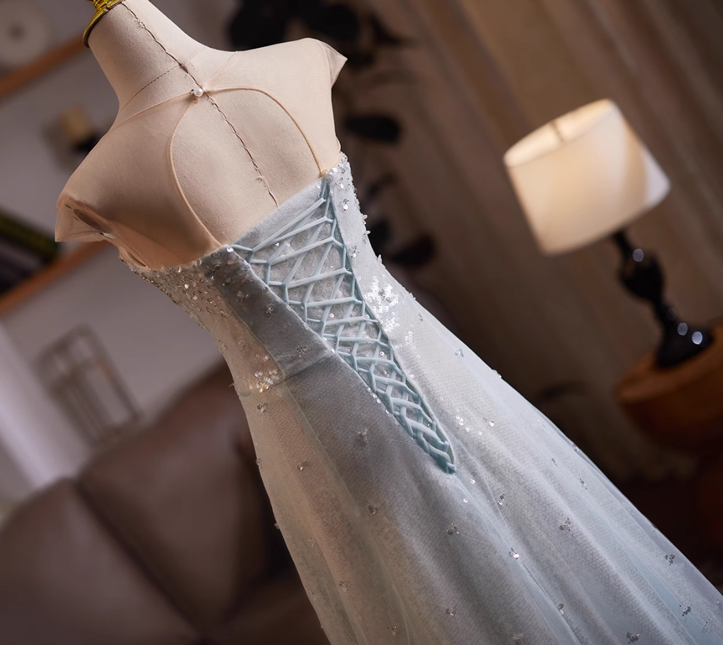 Bling A-Line Short Sleeve Illusion Neck Formal Gowns Sequins Crystals Tulle Prom Dress AP4983