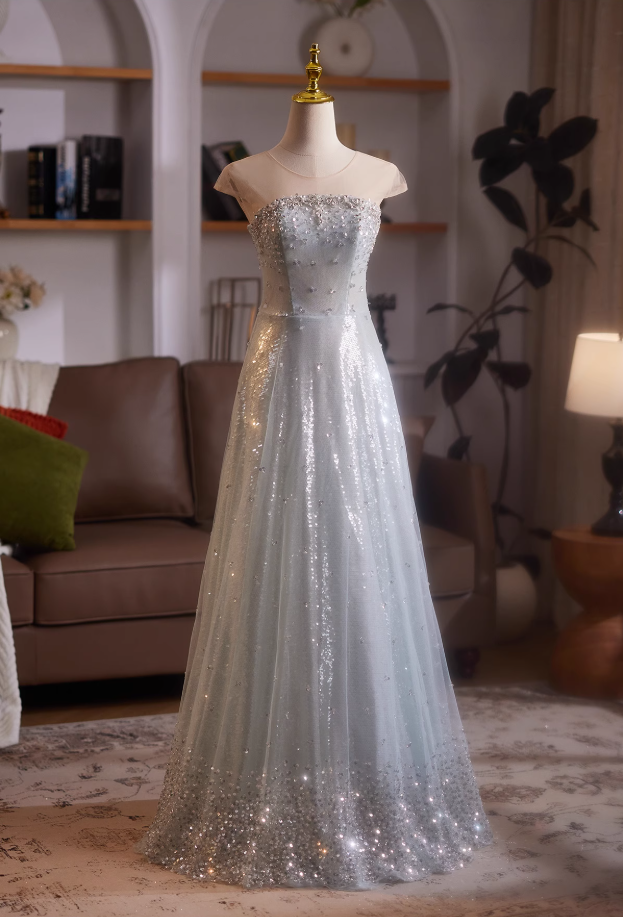 Bling A-Line Short Sleeve Illusion Neck Formal Gowns Sequins Crystals Tulle Prom Dress AP4983