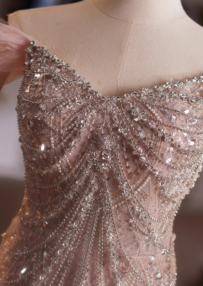 Adorable Off-Shoulder Evening Mermaid Gowns Splicing Tulle Sequins Beading Prom Dress AP4984