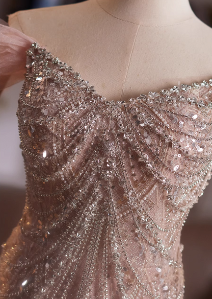 Adorable Off-Shoulder Evening Mermaid Gowns Splicing Tulle Sequins Beading Prom Dress AP4984