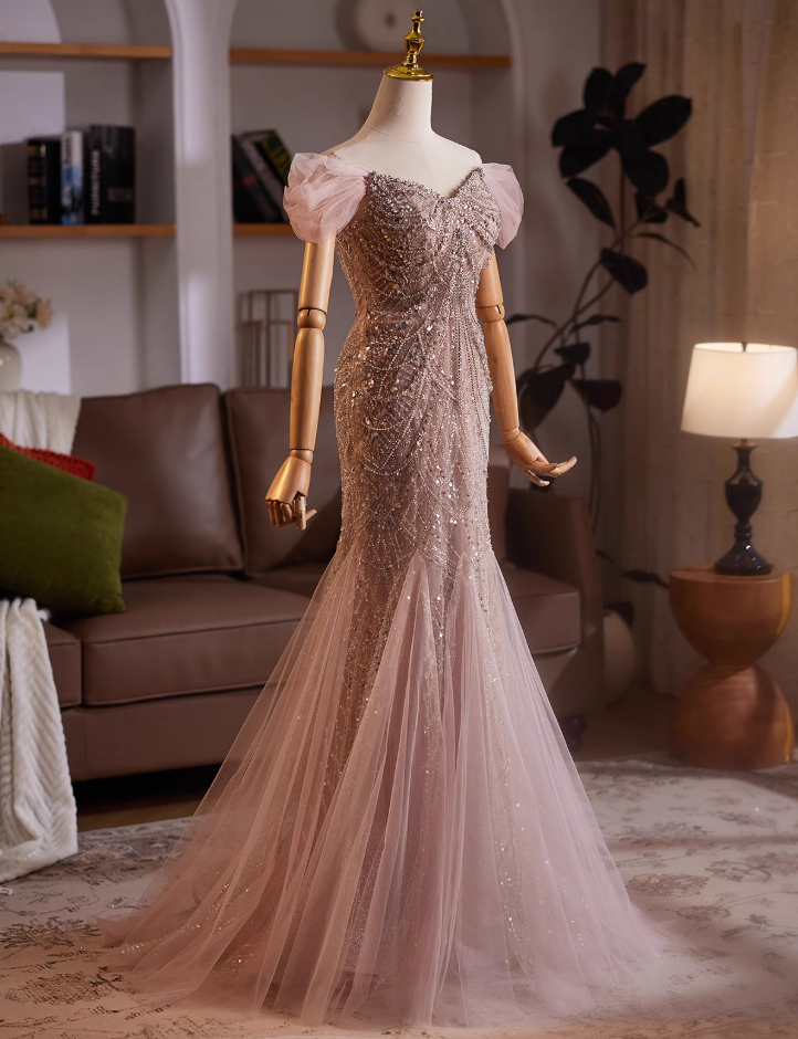 Adorable Off-Shoulder Evening Mermaid Gowns Splicing Tulle Sequins Beading Prom Dress AP4984