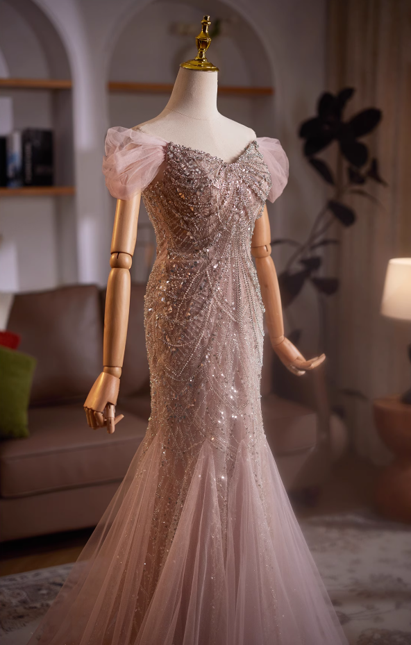 Adorable Off-Shoulder Evening Mermaid Gowns Splicing Tulle Sequins Beading Prom Dress AP4984